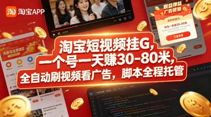 淘宝短视频挂G，一个号一天 賺30-80米，全自动刷视频看广告，脚本全程托管【揭秘】_抖汇吧