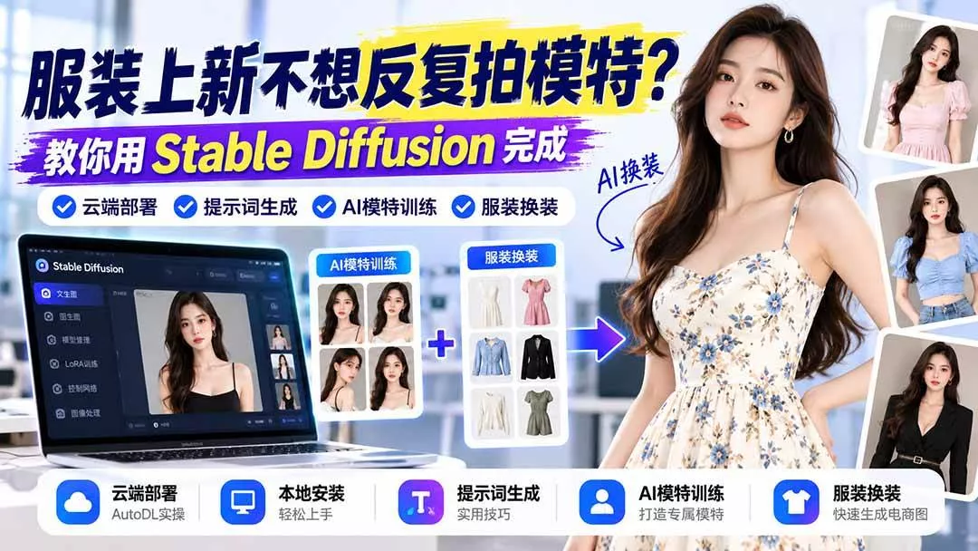 （21099期）服装上新不想反复拍模特？教你用Stable Diffusion完成云端部署、提示词生成、AI模特训练与换装_抖汇吧