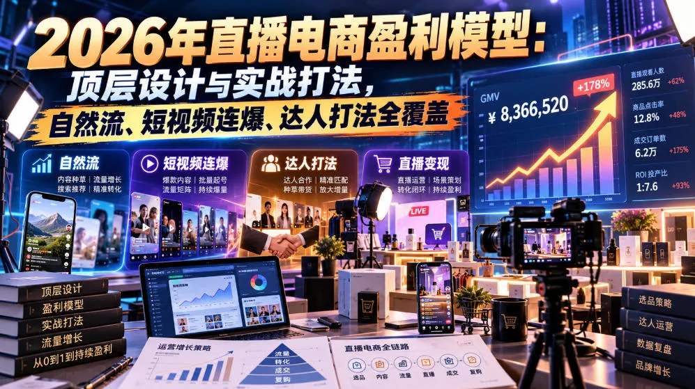 2026年直播电商盈利模型：顶层设计与实战打法，自然流、短视频连爆、达人打法全覆盖_抖汇吧