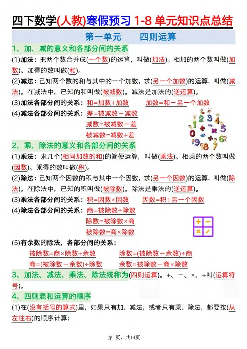 26春四下人教数学寒假预习1-8单元知识点总结14页