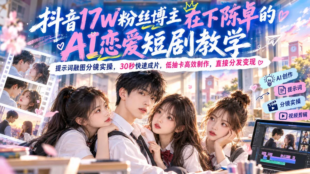 抖音17W粉丝博主在下陈卓的AI恋爱短剧教学，提示词融图分镜实操，30秒快速成片，低抽卡高效制作，直接分发变现_抖汇吧