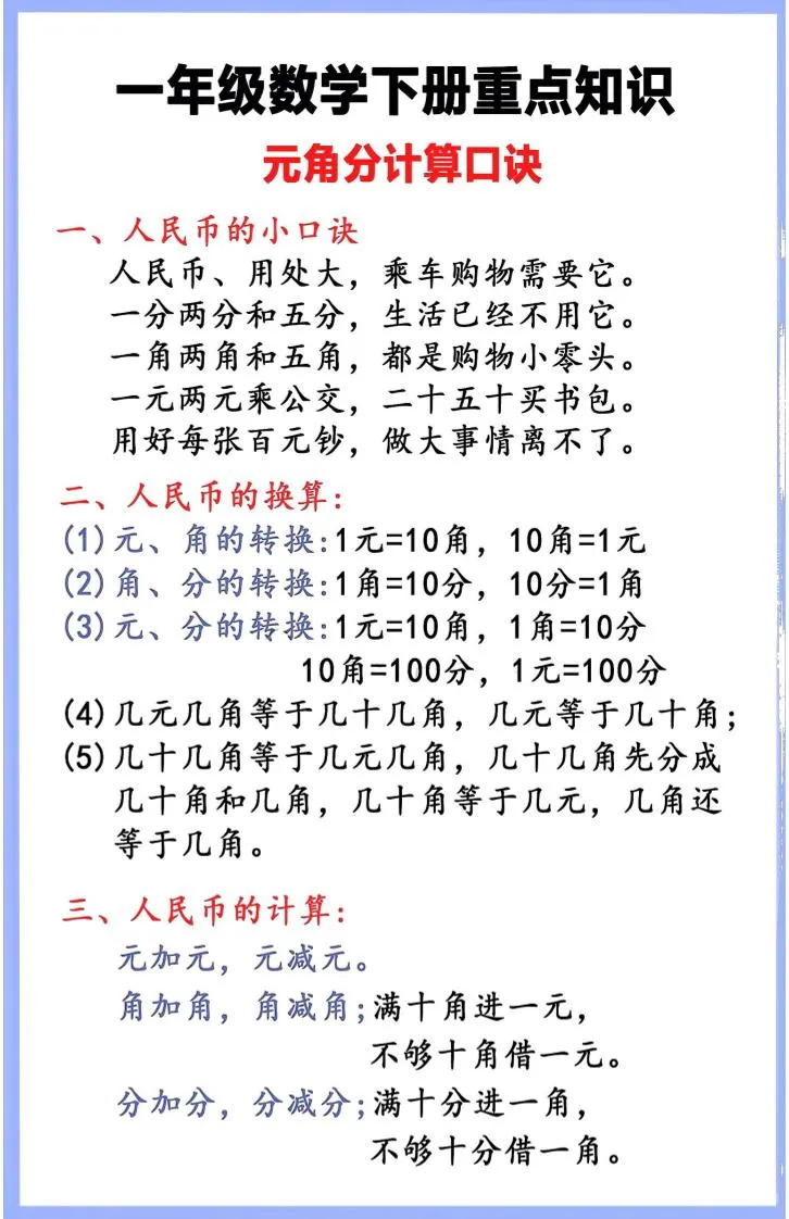 一年级下数学重点知识汇总