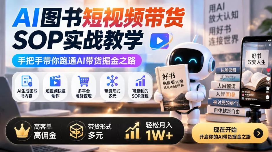 AI图书短视频带货SOP实战教学,手把手带你跑通AI带货掘金之路,高客单高佣金,带货形式多元,轻松月入1W+(更新1013)