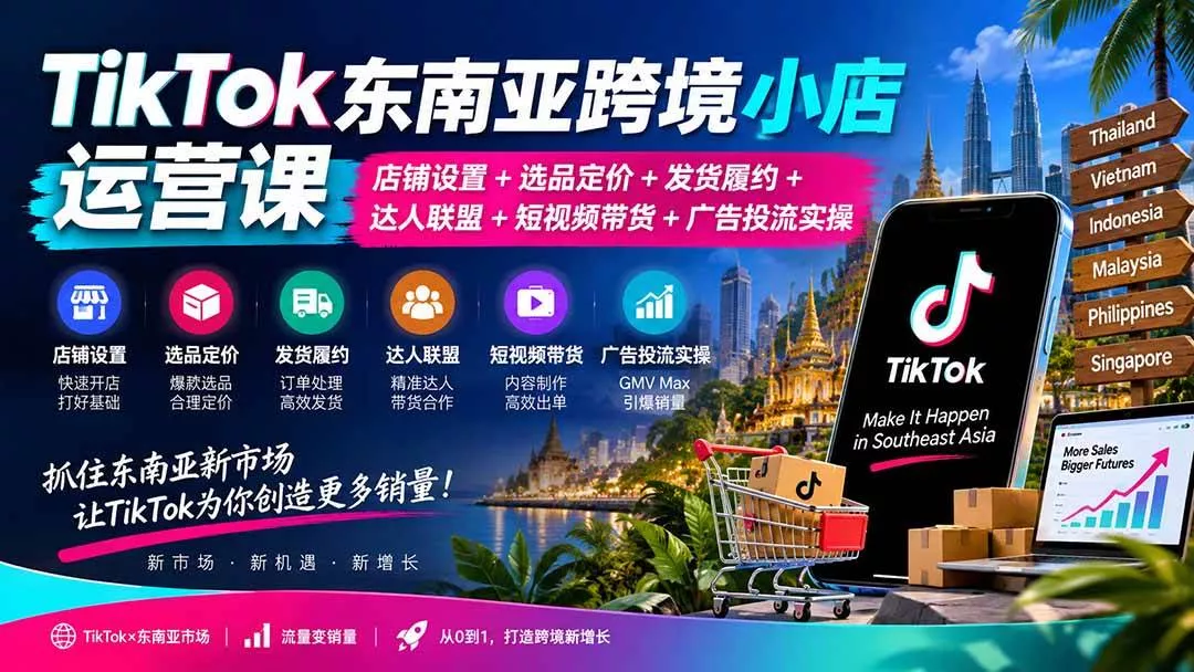 （20483期）TikTok东南亚跨境小店运营课：店铺设置+选品定价+发货履约+达人联盟+短视频带货+广告投流实操_抖汇吧