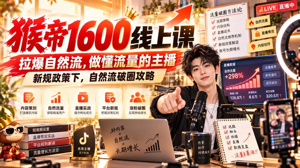 猴帝1600线上课，拉爆自然流，做懂流量的主播，新规政策下，自然流破圈攻略【更新260926】_抖汇吧