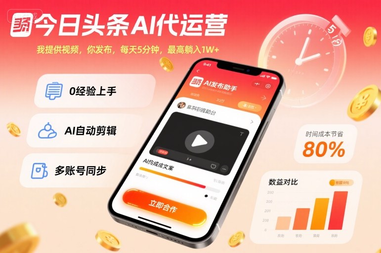 今日头条AI代运营，我提供视频，你发布，每天5分钟，最高躺入1W+【揭秘】_抖汇吧