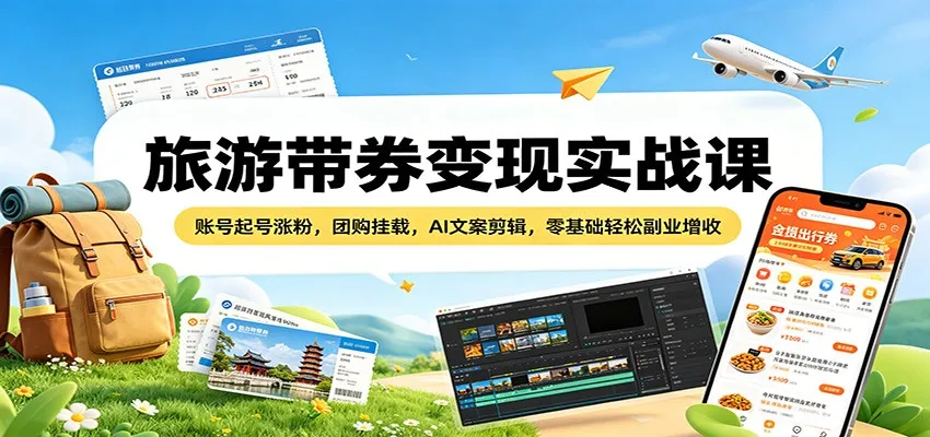 旅游带券变现实战课：账号起号涨粉，团购挂载，AI文案剪辑，零基础轻松副业增收_抖汇吧
