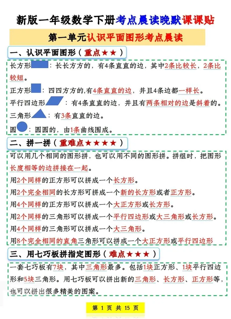 一年级下数学考点晨读晚默课课贴