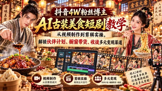 抖音4W粉丝博主AI古装美食短剧教学，从视频制作到剪辑实操，解锁伙伴计划、橱窗带货、收徒多元变现渠道_抖汇吧