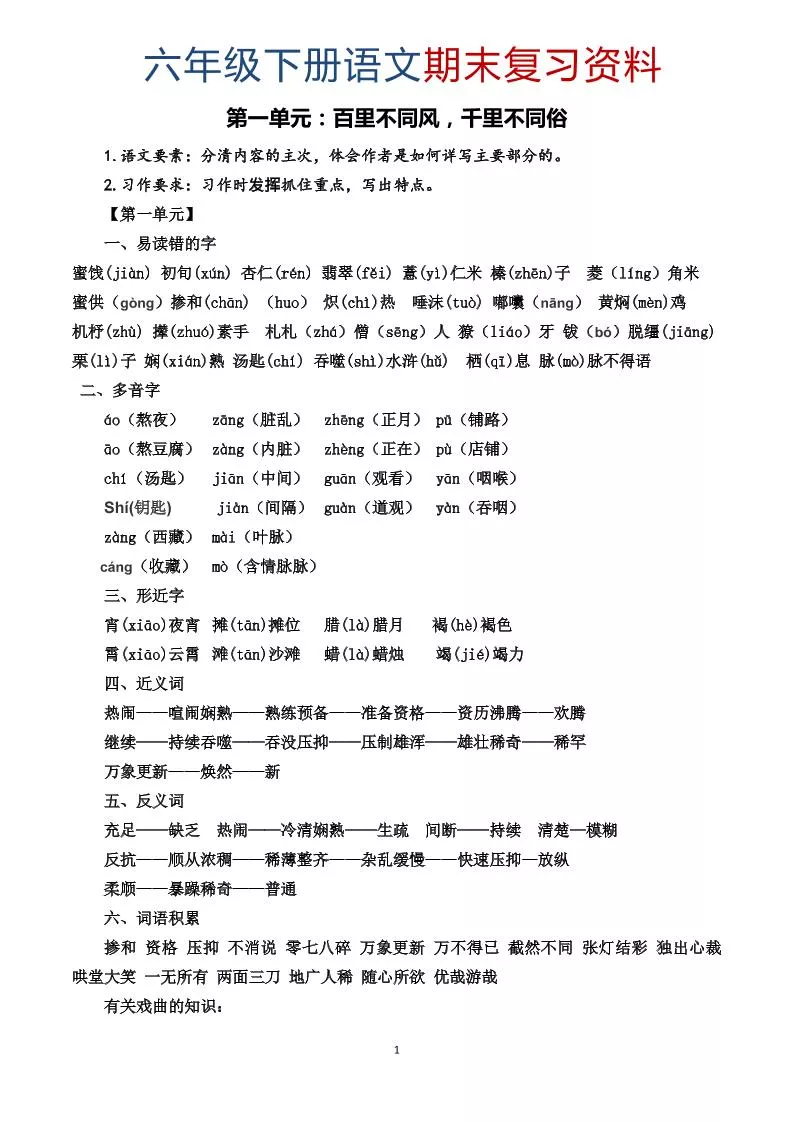 六年级下语文期末复习资料