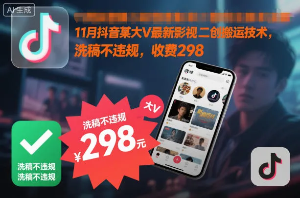 11月抖音某大V最新影视二创搬运技术，洗稿不违规，收费298_抖汇吧