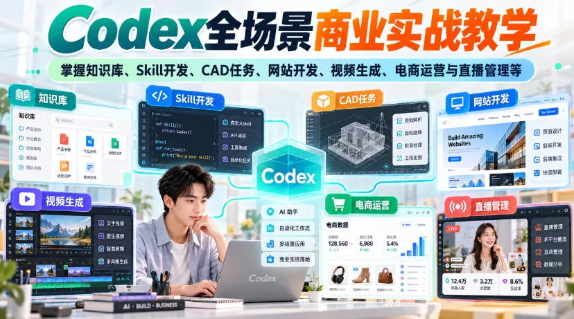 【无水印】Codex全场景商业实战教学,掌握知识库、Skill开发、CAD任务、网站开发、视频生成、电商运营与直播管理等_抖汇吧