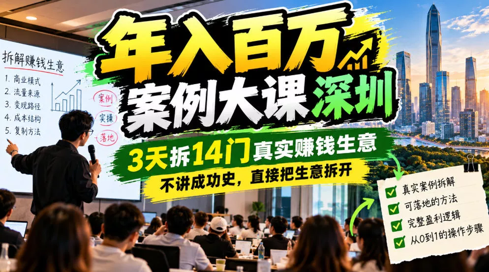 年入百W案例大课深圳，3天拆14门真实賺钱生意，不讲成功史，直接把生意拆开_抖汇吧