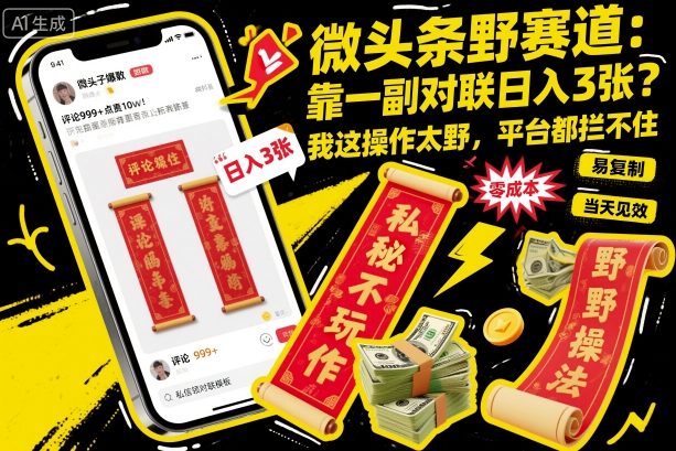 微头条野赛道，靠一副对联日入3张？我这操作太野，平台都拦不住！_抖汇吧