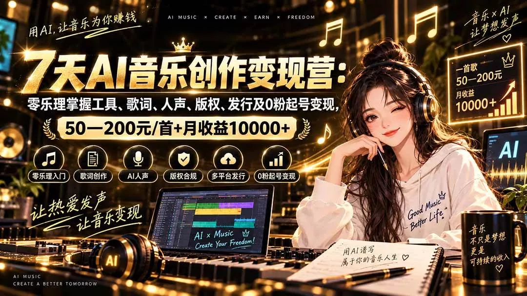 （20442期）AI音乐创作变现营：零乐理掌握工具、歌词、人声、版权、发行及0粉起号变现，50—200元/首+月收益10000+_抖汇吧