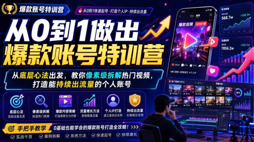 从0到1做出爆款账号特训营，从底层心法出发，教你像素级拆解热门视频，打造能持续出流量的个人账号_抖汇吧