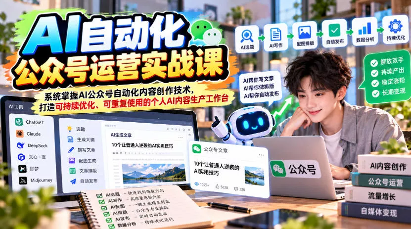 AI自动化公众号运营实战课，系统掌握AI公众号自动化内容创作技术，打造可持续优化、可重复使用的个人AI内容生产工作台_抖汇吧