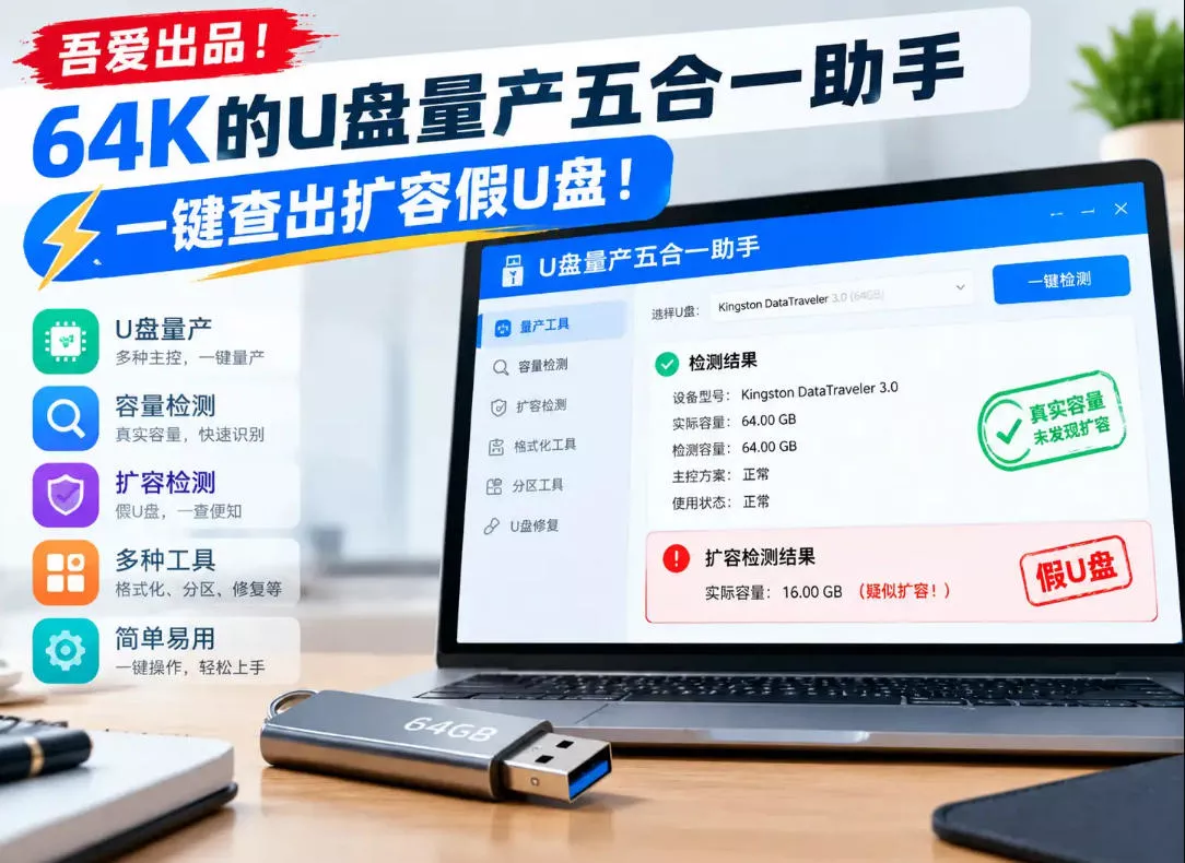 吾爱出品！64K的U盘量产五合一助手，一键查出扩容假U盘！_抖汇吧