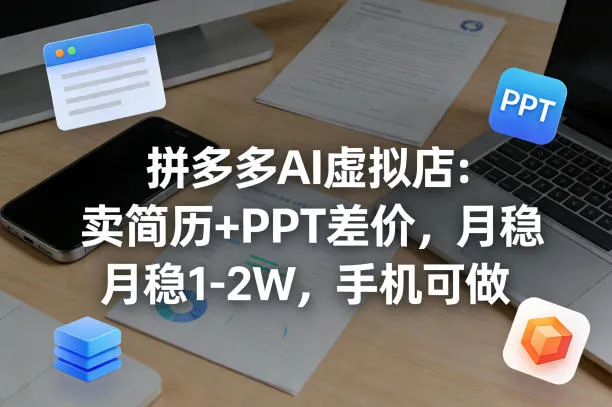 【暴力项目】拼多多AI虚拟店：卖简历+PPT差价，月稳1-2W，手机可做_抖汇吧