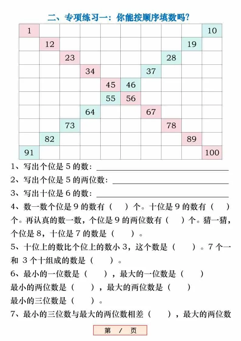 新一年级下数学《百数表》易错专项练习强化训练（含答案）_抖汇吧