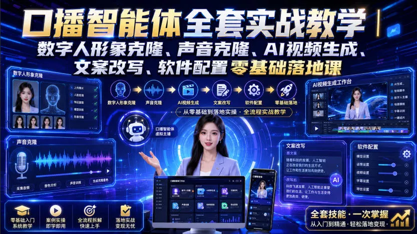 口播智能体全套实战教学｜数字人形象克隆、声音克隆、AI视频生成、文案改写、软件配置零基础落地课_抖汇吧
