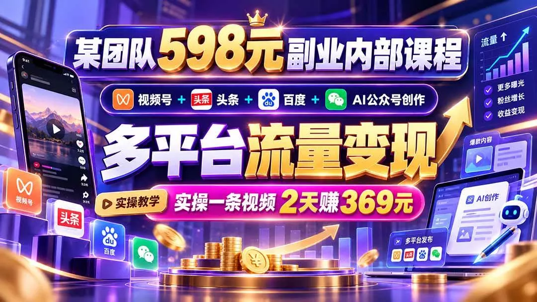 (21238期)某团队598元副业内部课程:视频号+头条+百度+AI公众号创作、多平台流量变现,实操一条视频2天赚369元 (21238期)某团队598元副业内部课程:视频号+头条+百度+AI公众号创作、多平台流量变现,实操一条视频2天赚369元