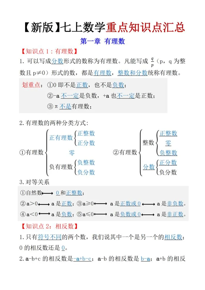 七年级上数学知识点总结（人教版）