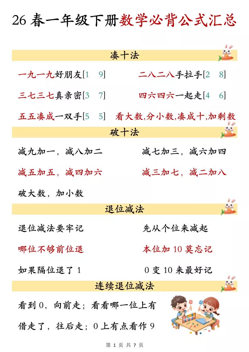 26春一年级下数学期末必背公式汇总