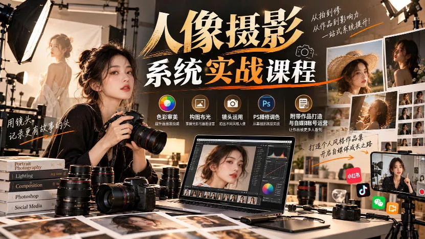 【无水印】人像摄影系统实战课程，色彩审美、构图布光、镜头运用、PS精修调色，附带作品打造与自媒体账号运营_抖汇吧