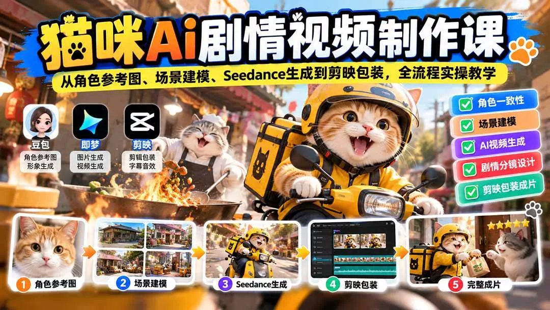 （20793期）猫咪AI剧情视频制作课：从角色参考图、场景建模、Seedance生成到剪映包装，全流程实操教学_抖汇吧