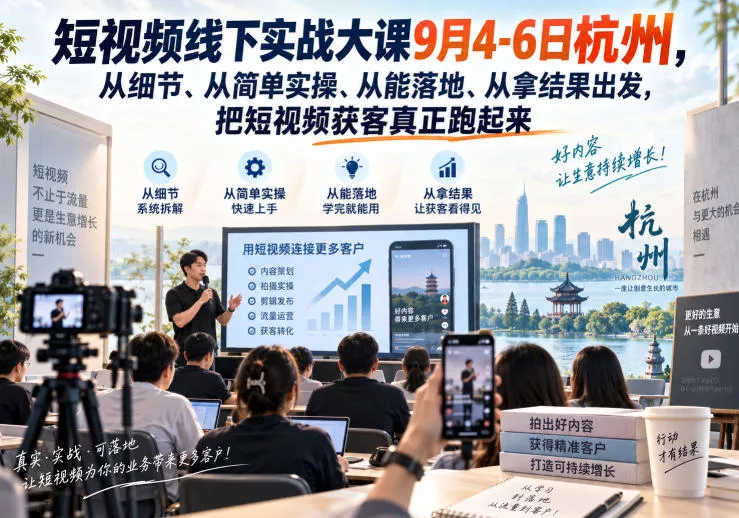 短视频线下实战大课9月4-6日杭州，从细节、从简单实操、从能落地、从拿结果出发，把短视频获客真正跑起来_抖汇吧