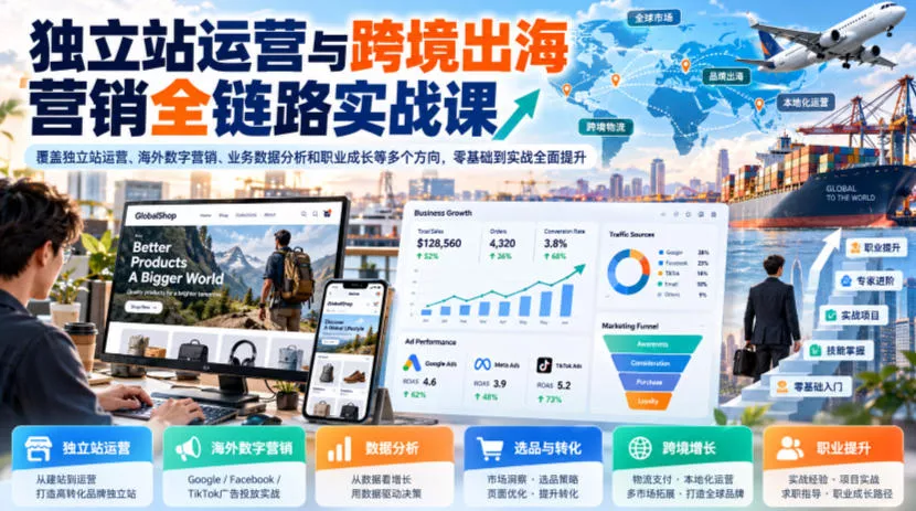 独立站运营与跨境出海营销全链路实战课，覆盖独立站运营、海外数字营销、业务数据分析和职业成长等多个方向，零基础到实战全面提升_抖汇吧