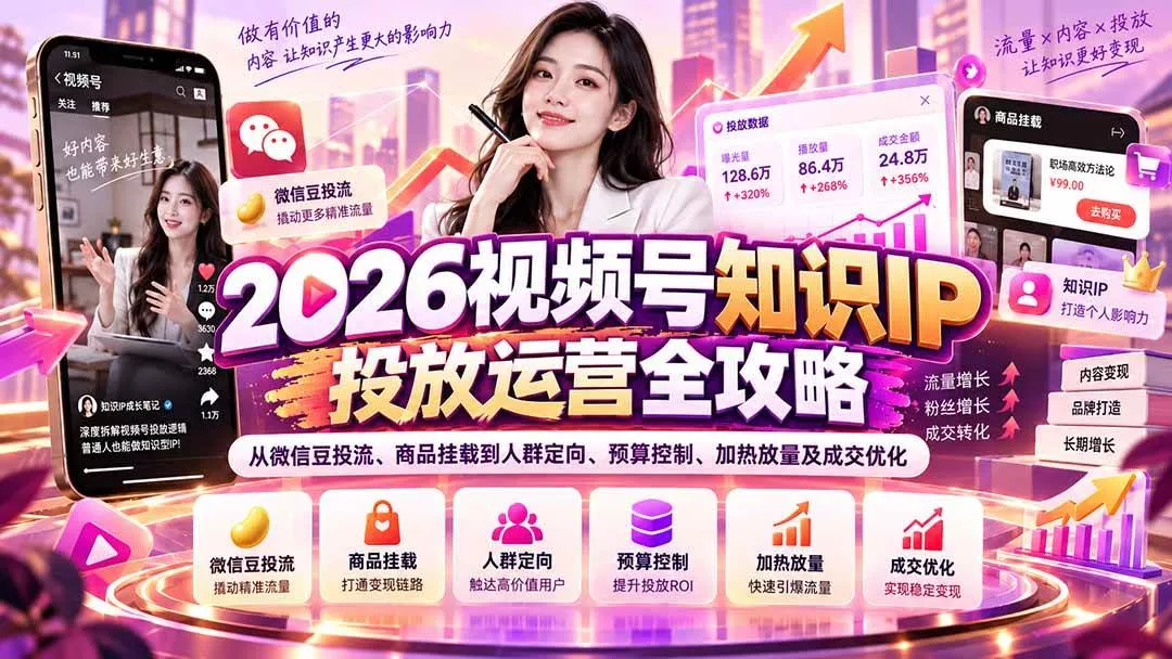(20860期)2026视频号知识IP投放运营全攻略:从微信豆投流、商品挂载到人群定向、预算控制、加热放量及成交优化 (20860期)2026视频号知识IP投放运营全攻略:从微信豆投流、商品挂载到人群定向、预算控制、加热放量及成交优化