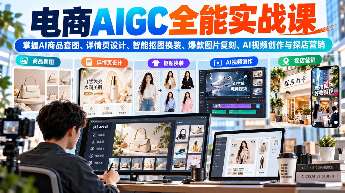 电商AIGC全能实战课：掌握AI商品套图、详情页设计、智能抠图换装、爆款图片复刻、AI视频创作与探店营销_抖汇吧