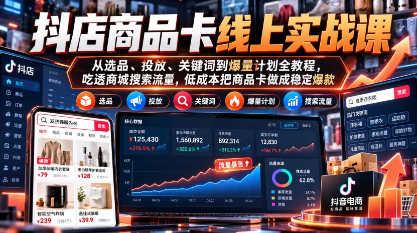 抖店商品卡线上实战课｜从选品、投放、关键词到爆量计划全教程，吃透商城搜索流量，低成本把商品卡做成稳定爆款_抖汇吧