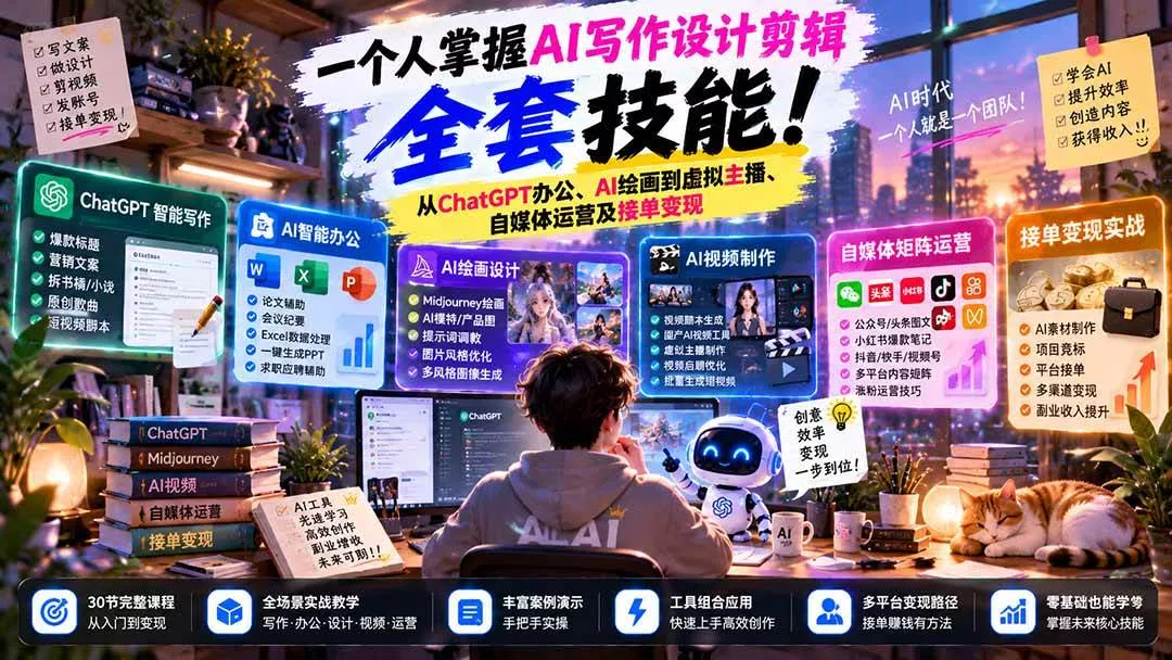 （21029期）一个人掌握AI写作设计剪辑全套技能：从ChatGPT办公、AI绘画到虚拟主播、自媒体运营及接单变现_抖汇吧