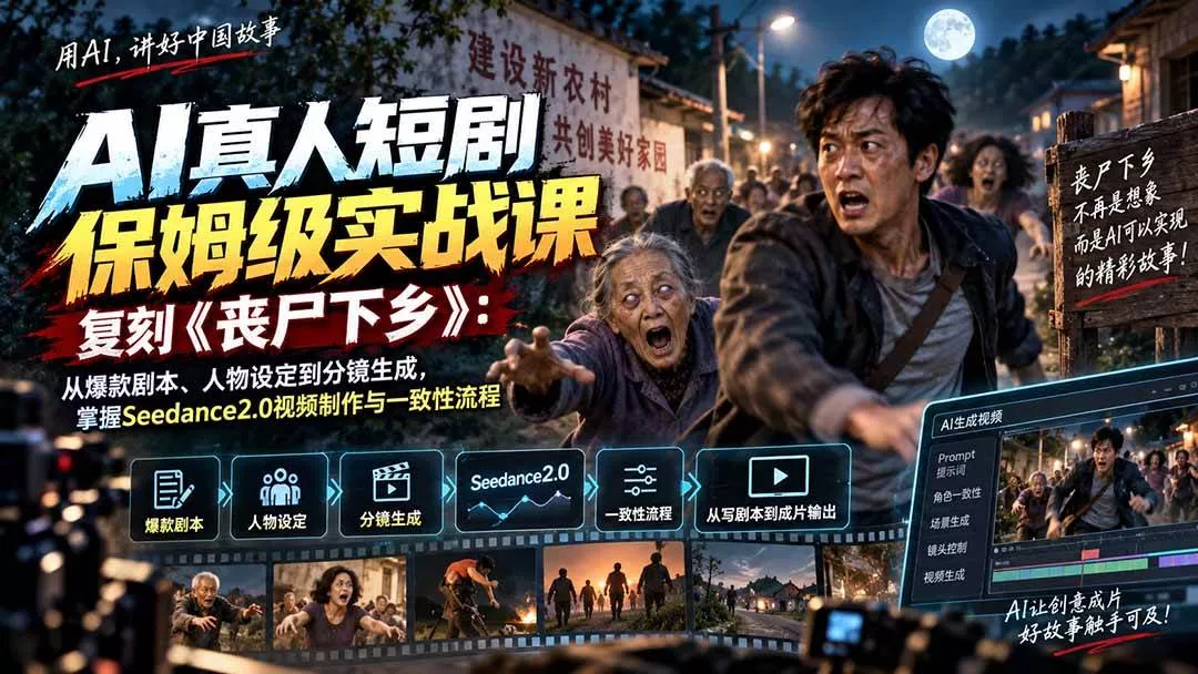 （20360期）AI真人短剧保姆级实战课，复刻《丧尸下乡》：从爆款剧本、人物设定到分镜生成，掌握Seedance2.0视频制作与一致性流程_抖汇吧