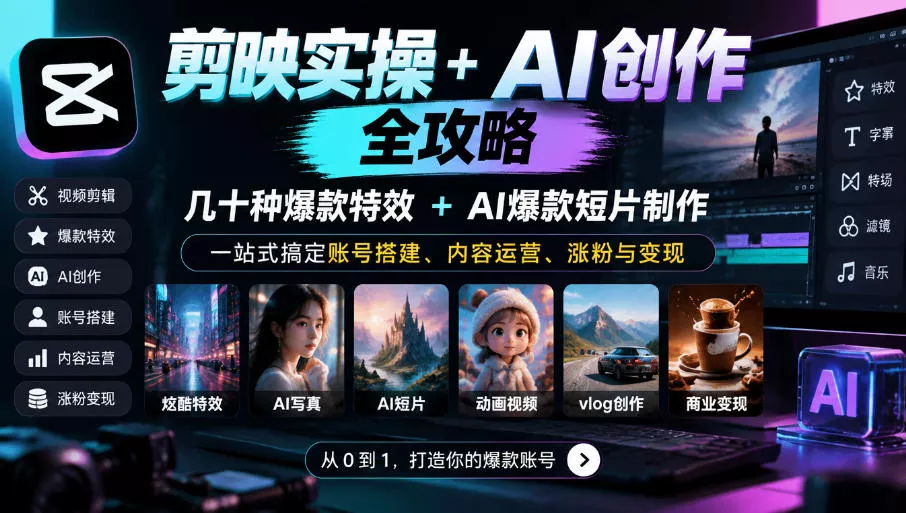 剪映实操+AI创作全攻略｜几十种爆款特效+AI爆款短片制作，一站式搞定账号搭建、内容运营、涨粉与变现_抖汇吧