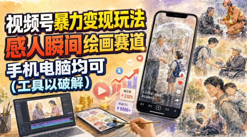 视频号暴力变现玩法，感人瞬间绘画赛道，手机电脑均可_抖汇吧