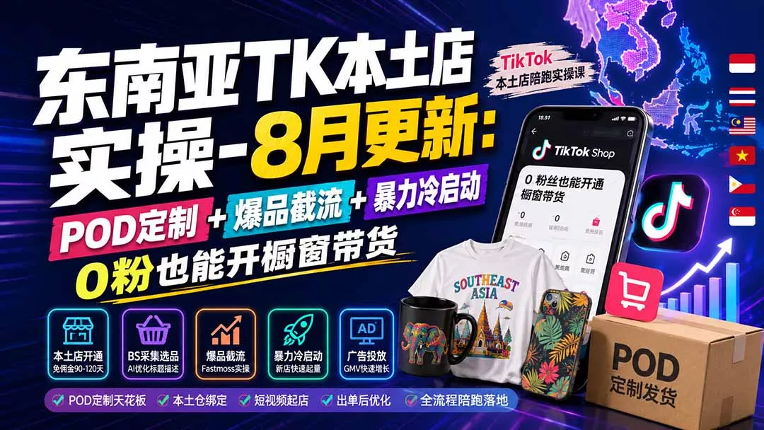 东南亚TK本土店实操-8月更新：POD定制+爆品截流+暴力冷启动，0粉也能开橱窗带货_抖汇吧
