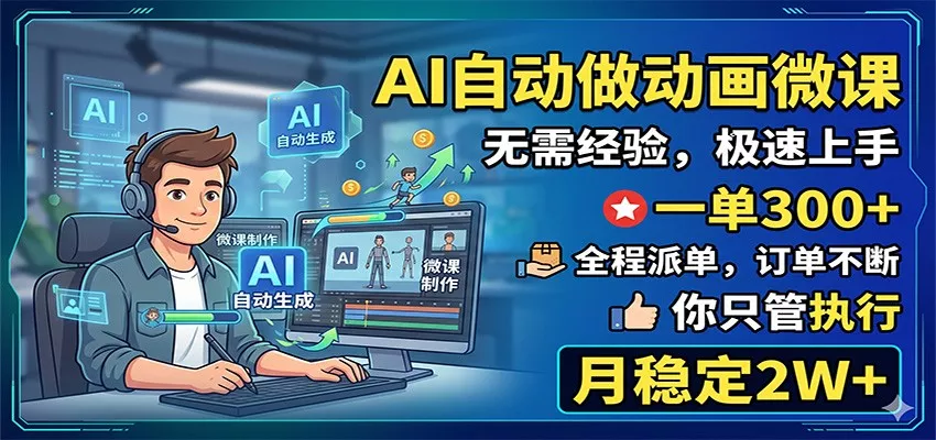 AI自动做动画微课,一单300+,全程派单,你只管执行,月稳定2W+_抖汇吧