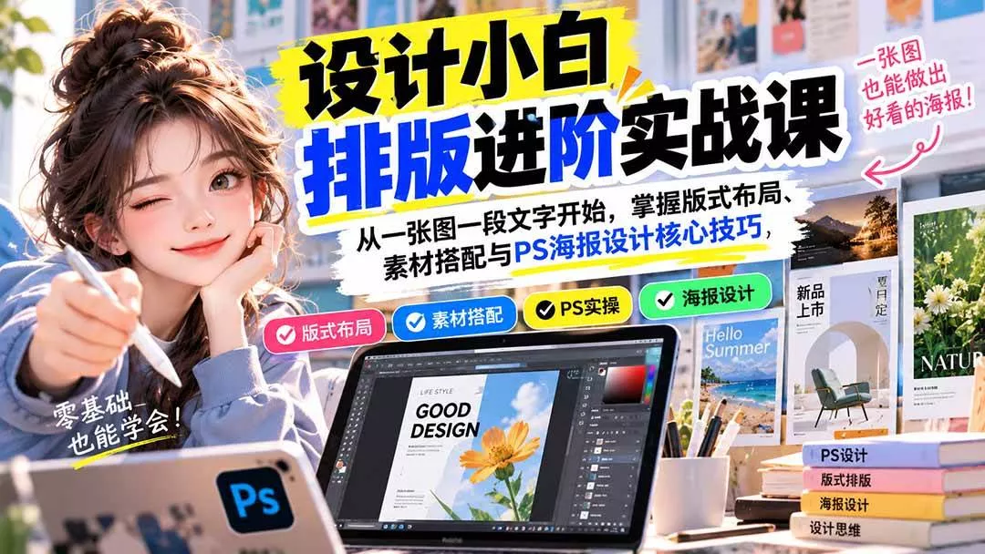 （20838期）设计小白排版进阶实战课：从一张图一段文字开始，掌握版式布局、素材搭配与PS海报设计核心技巧_抖汇吧