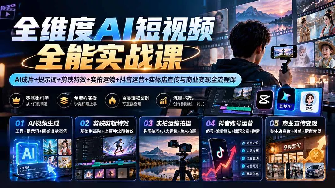 （20768期）【无水印】全维度AI短视频全能实战课：AI成片+提示词+剪映特效+实拍运镜+抖音运营+实体店宣传与商业变现全流程课_抖汇吧