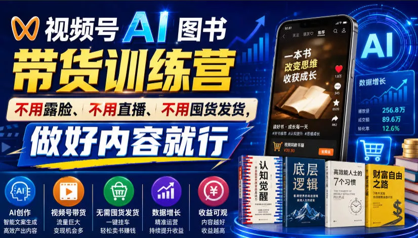 视频号AI图书带货训练营,不用露脸、不用直播、不用囤货发货,做好内容就行,一条爆款视频佣金8942