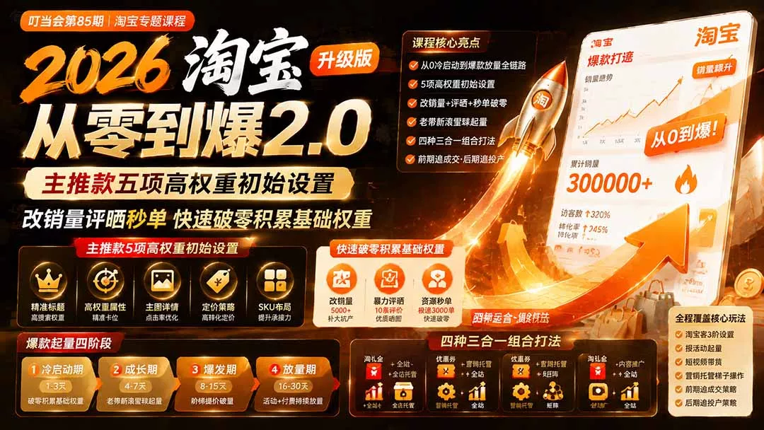 2026淘宝从零到爆2.0第85期；主推款五项高权重初始设置，改销量评晒秒单快速破零积累基础权重_抖汇吧