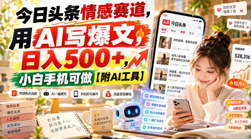 今日头条情感赛道，用AI写爆文，日入500+，小白手机可做【附AI工具】_抖汇吧