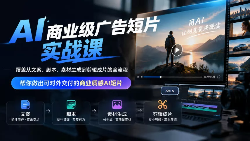 AI商业级广告短片实战课，覆盖从文案、脚本、素材生成到剪辑成片的全流程，帮你做出可对外交付的商业质感AI短片_抖汇吧