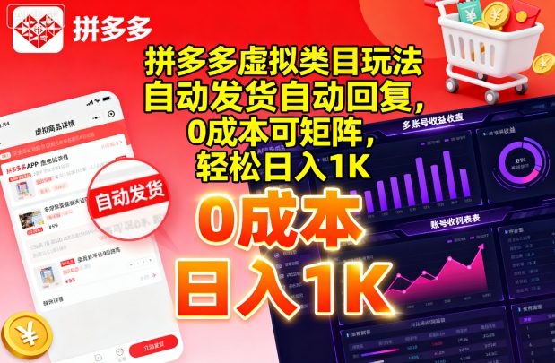 拼多多虚拟类目玩法，自动发货自动回复，0成本可矩阵，轻松日入1K【揭秘】_抖汇吧