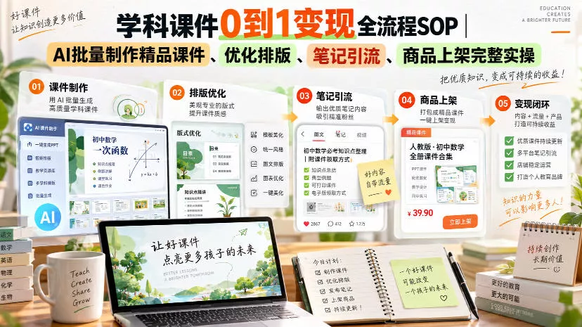 学科课件0到1变现全流程SOP|AI批量制作精品课件、优化排版、笔记引流、商品上架完整实操 学科课件0到1变现全流程SOP|AI批量制作精品课件、优化排版、笔记引流、商品上架完整实操