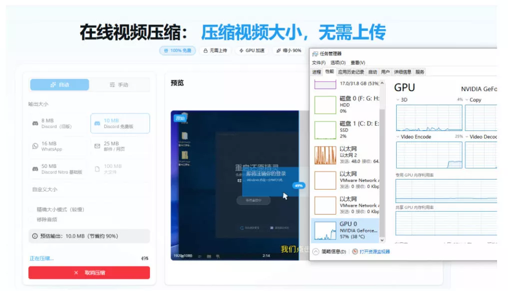 100%免费的在线视频压缩工具，GPU加速！视频压缩，无需上传，隐私保护，超级便捷Videocompressors